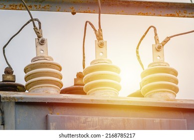 High Voltage Circuit Breaker,insulators And Conductors In A Power Substation.Close Up.