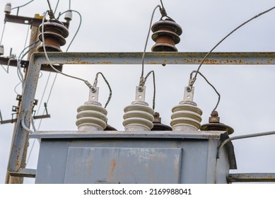 High Voltage Circuit Breaker,insulators And Conductors In A Power Substation.Close Up.