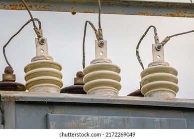 High Voltage Circuit Breaker,insulators And Conductors In A Power Substation.Close Up.