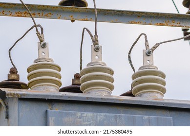 High Voltage Circuit Breaker,insulators And Conductors In A Power Substation.Close Up.