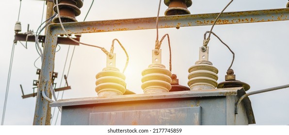 High Voltage Circuit Breaker,insulators And Conductors In A Power Substation.Close Up.Banner.