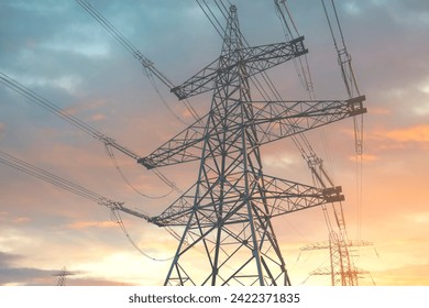 High voltage electric tower line pylon for distribution of electricity from powerstations to customers through national power grid