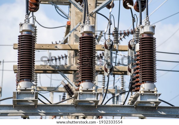 High voltage electrical insulation in a power\
substation, close up