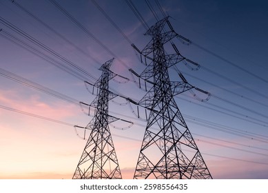 High voltage electrical pole structure or high voltage electric transmission tower at sunset - Powered by Shutterstock - Get 15% off with code: PIKWIZARD15