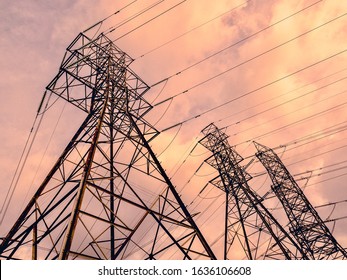 High Voltage Electricity Pylons With A Cloudy Sky In South Africa