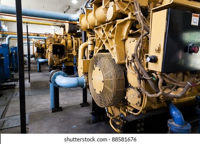 High Voltage Industrial Standby Diesel Generator At A Power Generation Plant In A Textile Factory.