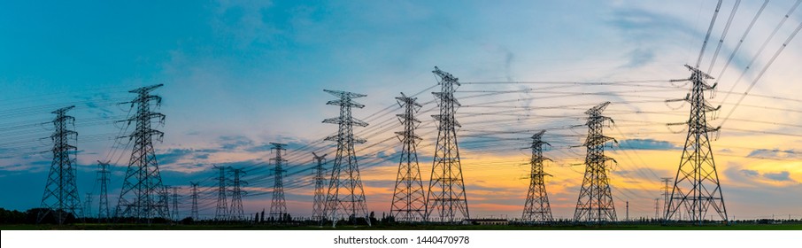 High voltage post,High voltage tower sky sunset background - Shutterstock ID 1440470978