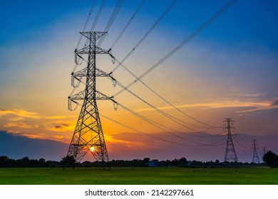 High voltage post,High voltage tower sky sunset background.