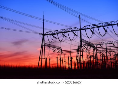 High Voltage Power Grid Under The Setting Sun 