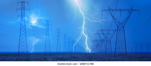 High voltage power line with amazing lightning