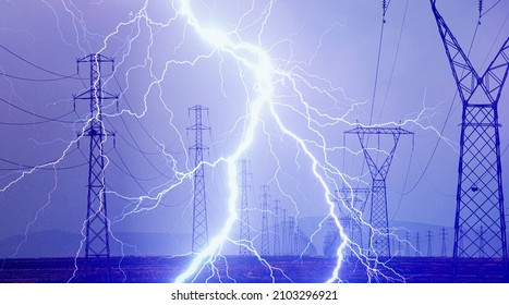High voltage power line with amazing  lightning
