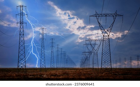 High voltage power line with amazing lightning