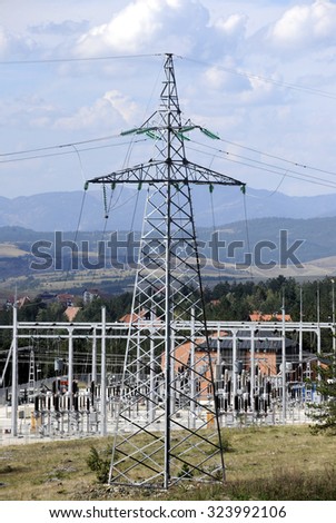 High voltage power lines against blue sky