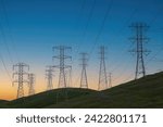 High Voltage Power Lines at the Crack of Dawn. Mission Peak Regional Preserve, Alameda County, California, USA.