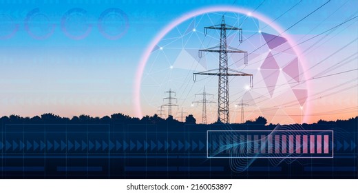 High Voltage Power Lines In Neon Glow For Design On The Theme Of The Energy Industry. Transmission And Supply, Sale Of Electricity Concept. Energy Security