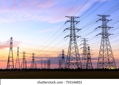 High voltage power tower landscape at sunset - Shutterstock ID 755146831
