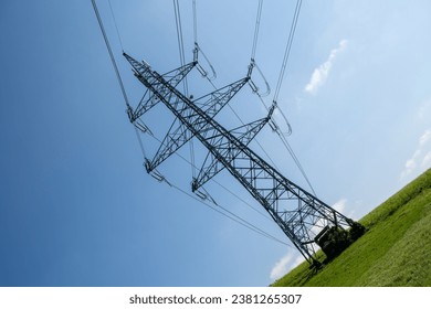 high voltage powerline blue sky