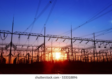 A high voltage substations, in the sunset 