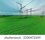 High voltage tower construction in green gield, beautiful landscape, blue sky, clean energy. global warming
