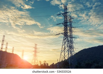 High voltage towers on skies background, Transmission line tower.