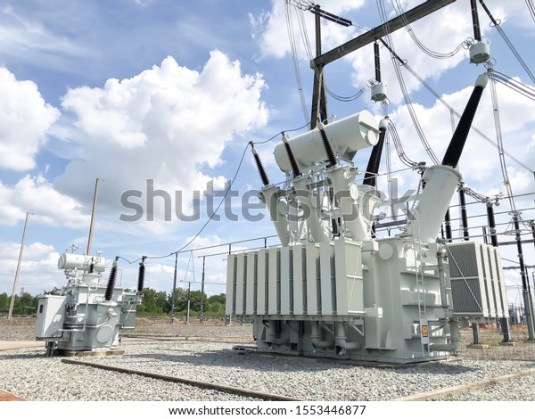 High voltage\
transformer in electrical\
substation