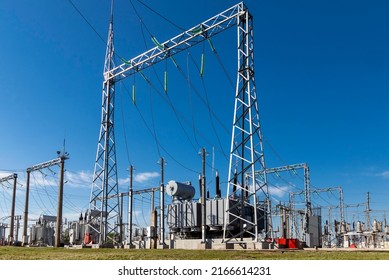 High voltage transformer substation. Electrical transformer: equipment used to step up or step down voltage, high voltage power plant