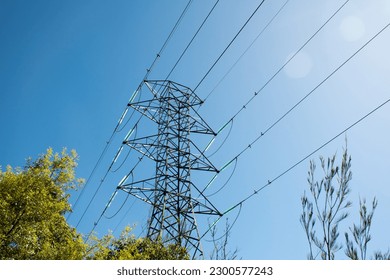 HIgh voltage transmission network lines in Australia . Double Circuit Steel pole transmission tower. Overhead transmission lines conductors. Electricity pylon