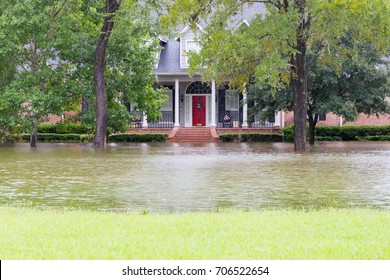 High Water And Flooded House In Houston Suburbs During Hurricane Harvey