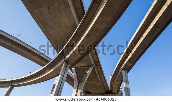 High way under clear blue sky, the curve of\
suspension bridge in\
Thailand