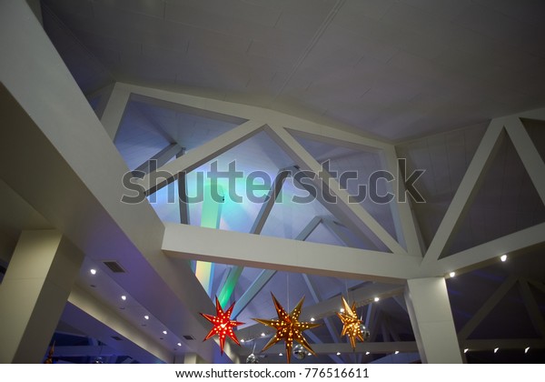 High White Ceiling Exposed Beams Decorated Stock Photo Edit