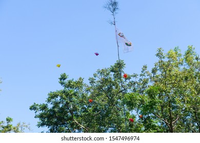 High White Flag Symbol Of Activity Thailand Culture Kathin Ceremony. Donation Merit Money Tree At Thai Buddhism Temple. 