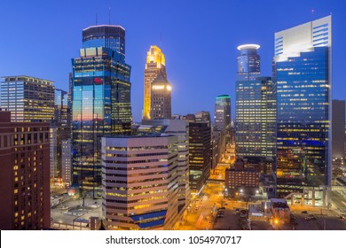 A High Wide Angle Long Exposure Shot of the Skyscrapers of Downtown Minneapolis Reflecting Twilight Light During Spring