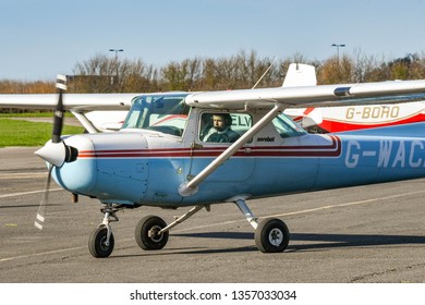 HIGH WYCOMBE, ENGLAND - MARCH 2019: Cessna Aerobat Light Trainer Aircraft Taxiing At Wycombe Air Park.