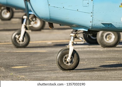 HIGH WYCOMBE, ENGLAND - MARCH 2019: Close Up View Of The Nose Wheel Of A Cessna Aerobat Light Trainer Aircraft At Wycombe Air Park.