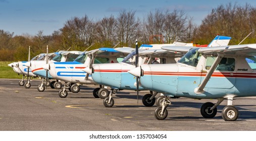 HIGH WYCOMBE, ENGLAND - MARCH 2019: Cessna Aerobat Light Trainer Aircraft Parked In A Line At Wycombe Air Park.