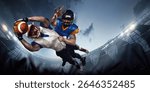 High-action clash between opposing players in air, suspended over 3D field under stadium floodlights. Concept of dynamic advertising for team spirit, contact sport training guides