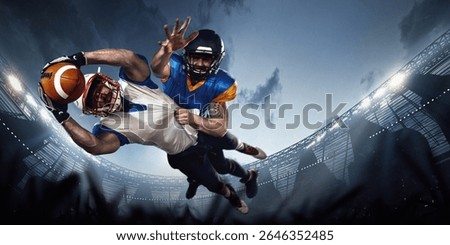 High-action clash between opposing players in air, suspended over 3D field under stadium floodlights. Concept of dynamic advertising for team spirit, contact sport training guides