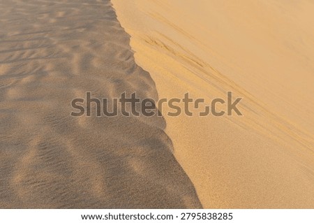 A high-angle abstract shot showcasing the sharp contrast of bright sunlight and deep shadow on textured desert sand dunes in Qatar.