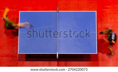 High-angle action shot capturing two table tennis players in rapid motion on a vivid red court, with the blue table centered, emphasizing speed, athletic energy, and the intensity of a competitive ral