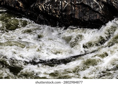 High-angle close-up capturing the violent collision of raging whitewater rapids against a massive, mineral-veined black boulder inside Tiger Leaping Gorge, Yunnan Province, China. Raging olive-green currents of the Jinsha River fold and shatter into an aggressive wake of bright white sea-foam beneath the craggy stone overhang. The composition emphasizes immense hydrological weight, raw kinetic power, and the unyielding geological obstacles of southwestern China's premier wild riverway. Perfect for themes of natural confrontation, endurance, and aquatic energy.