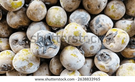High-angle close-up view of a large pile of persimmon fruits. The fruits are various shades of pale yellow and brown, and appear to be ripe. 