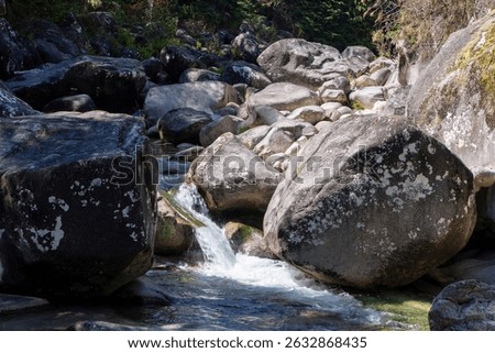 High-angle, close-up view of a small streamlet flowing between and over large, dark grey, textured boulders. The water appears relatively clear and exhibits motion blur, suggesting movement. 