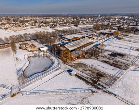 High-angle drone perspective capturing a modern equestrian estate and agricultural farm during a bright winter day in the Gelderland region, Netherlands. The foreground highlights a large rural property featuring a traditional brick residential house with a red roof, a small frozen heart-shaped pond, and extensive horse ranch infrastructure, including large stables, barns, storage facilities, and fenced outdoor paddocks cutting through the fresh snow. A few horses can be seen grazing in the muddy, snow-melted enclosures. In the background, a sprawling suburban town landscape unfolds under a clear blue winter sky, showcasing snow-covered rooftops, residential neighborhoods, and bare winter trees. This scenic panoramic view perfectly represents modern Dutch agriculture, equestrian sports, countryside living, and seasonal winter tourism.
