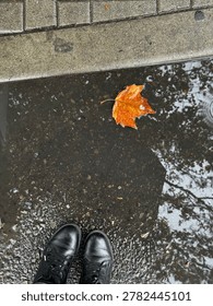 A high-angle, first-person perspective shot capturing a poetic autumn moment on an urban street. The image features a person's feet wearing stylish black leather boots, standing at the edge of a rain puddle on the wet asphalt pavement. Floating gracefully in the dark water is a single, vibrant orange maple leaf, acting as a vivid focal point against the moody background. The calm surface of the puddle creates a beautiful, mirrored reflection of bare tree branches and the overcast sky above, blending nature with the city infrastructure. A concrete curb and grey stone paving blocks border the top of the frame, adding structural contrast to the organic elements. This evocative stock photo perfectly captures the nostalgic, cozy, and melancholic atmosphere of the fall season, making it ideal for lifestyle blogs, seasonal concepts, emotional storytelling, and urban autumn-themed visual projects.