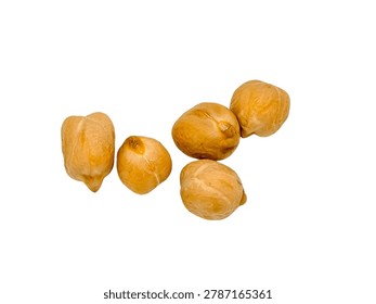 High-angle minimalist studio flat lay showcasing a small cluster of exactly five raw, dried chickpeas (garbanzo beans) arranged naturally on a clean light background. This high-definition macro shot captures the intricate, wrinkled texture and pale golden color of the legume skins in crisp detail.