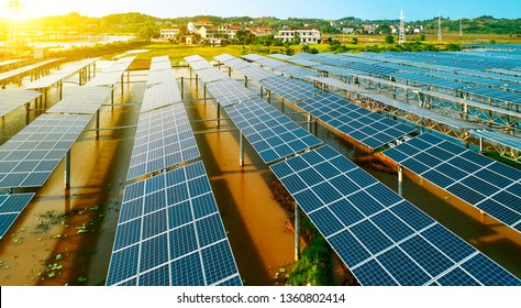 High-angle overhead shot of a solar photovoltaic panel standing on the lake