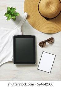 High-angle shot of assorted objects, vacation concept.