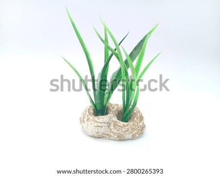 High-angle shot looking down at a small artificial aquatic grass ornament with a double-socket ceramic rock base, isolated on a clean white background. High-quality product photo tailored for e-commerce, pet supply catalogs, and aquascaping accessories.