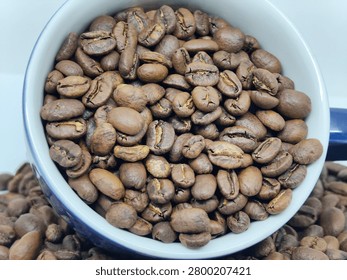 A high-angle studio close-up featuring a cup filled with premium Indonesian Gayo Arabica coffee beans against a white background.