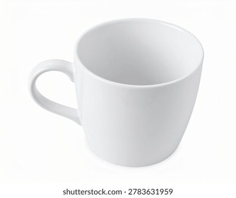 A high-angle studio shot of a plain, empty white ceramic coffee mug with a handle, isolated on a clean white background.
